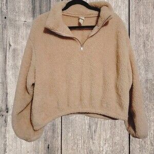 H&M Pink Quarter Zip Teddy Cropped Sweatshirt
